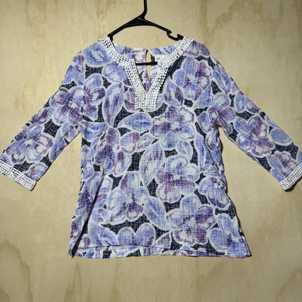 Alfred Dunner Womens Lavender Purple Floral Lace 3/4 Sleeve Top with Necklace L